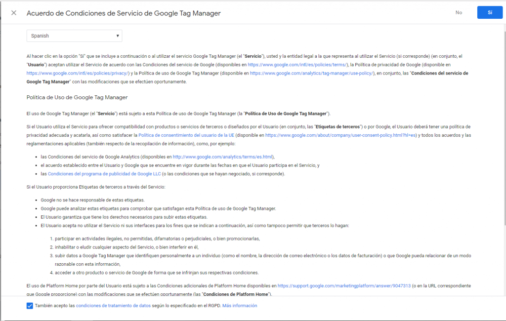 aceptar condiciones google tag manager aceptar política de google