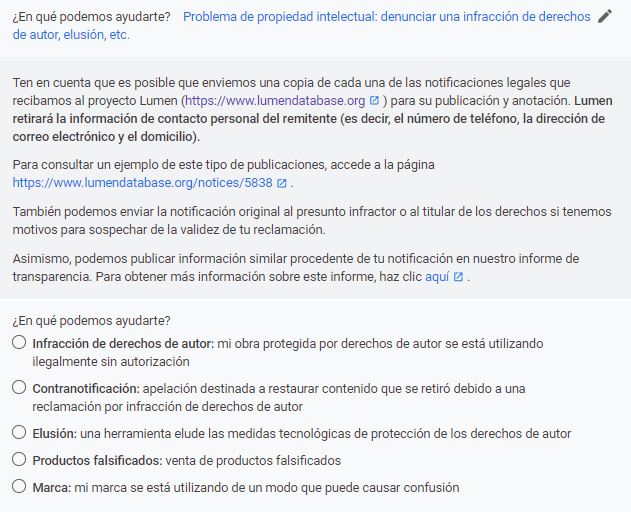 Paso 3: Seleccionamos vulneración de la propiedad intelectual Paso 3: Seleccionamos vulneración de la propiedad intelectual